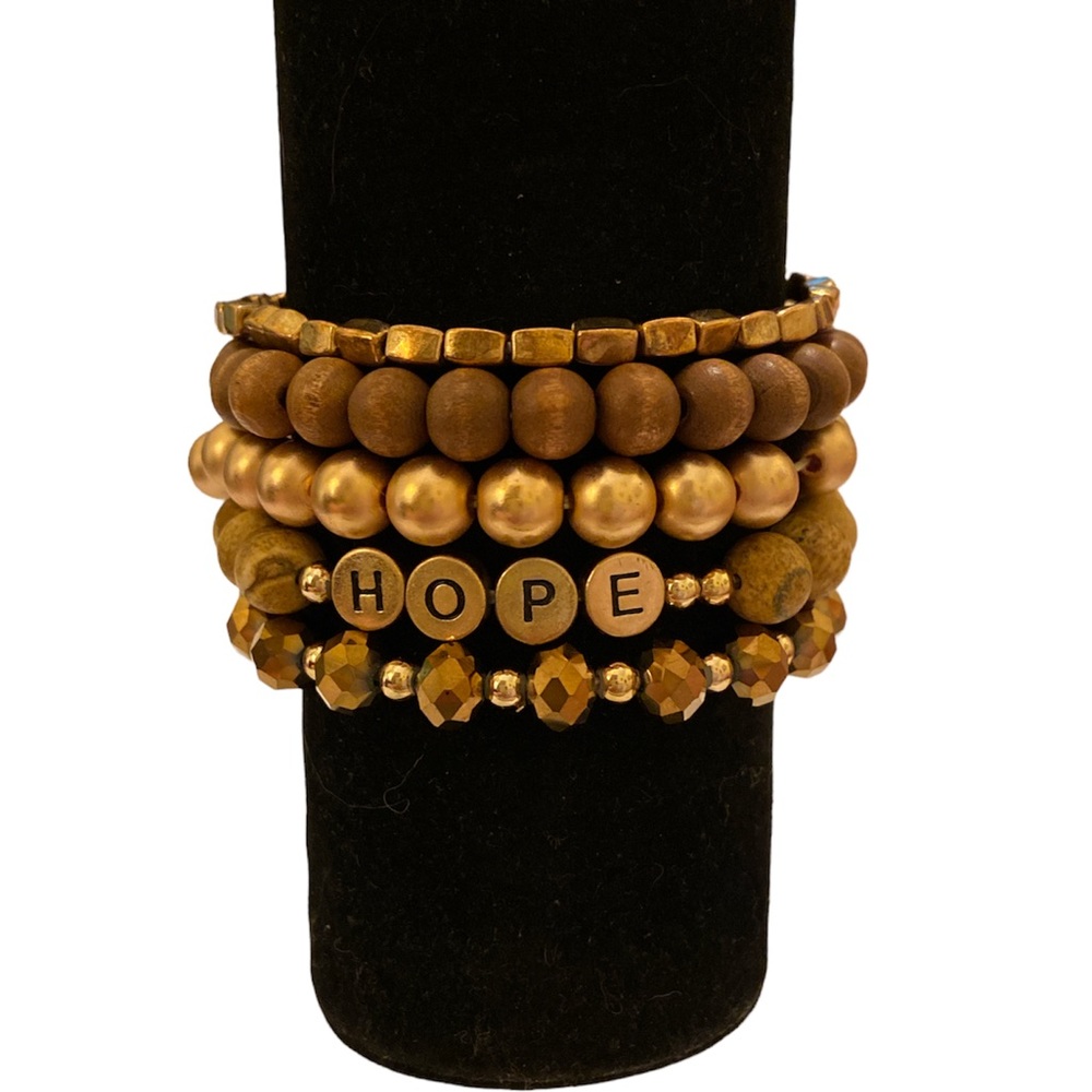 Stackable Beaded Stretch Bracelets. Set of 5: Brown, copper, and gold co…